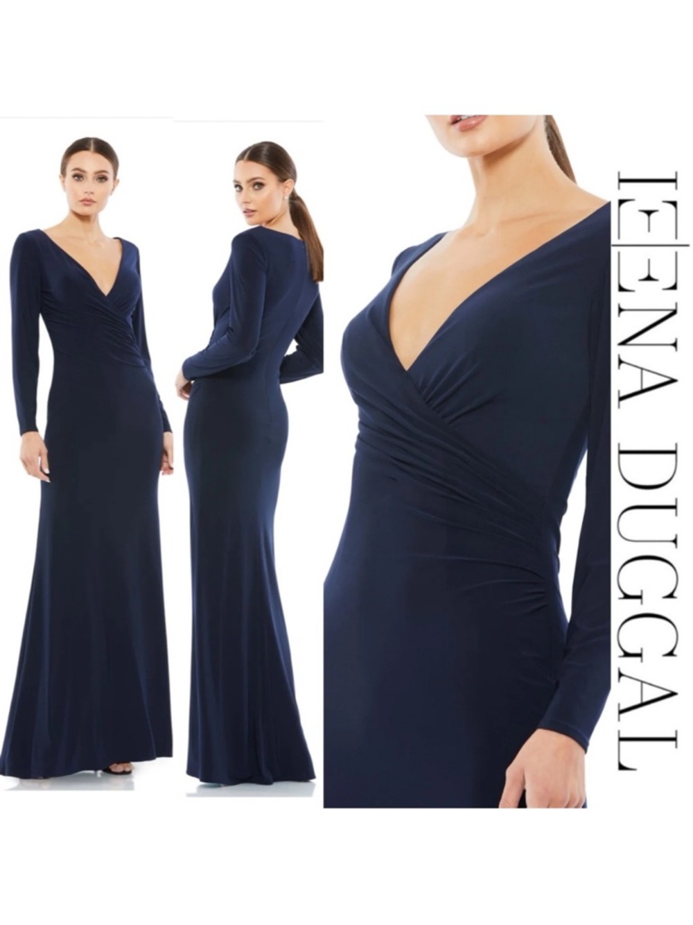 Ieena x Mac Duggal Long Sleeve Ruched Jersey V-Neck Gown